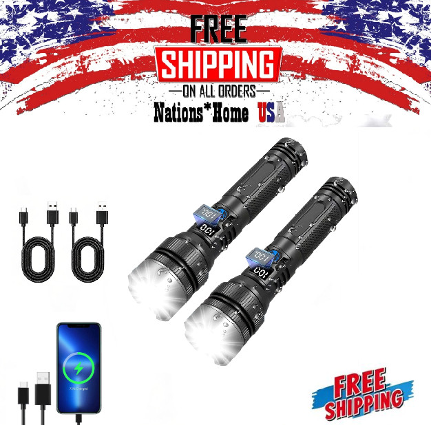 Portable Tactical Flashlight Super Bright LED Rechargeable Flashlights USB 2PACK