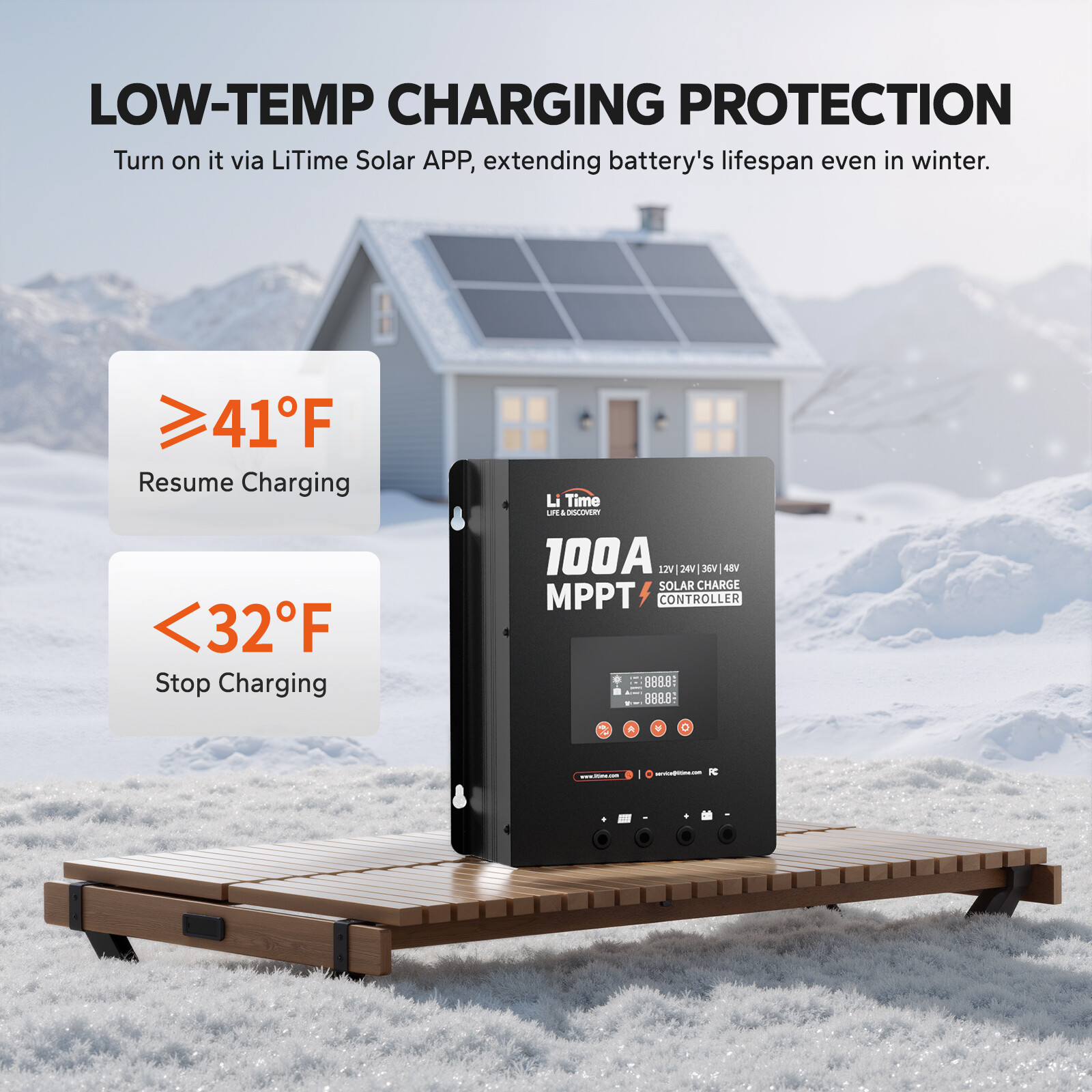 LiTime 12V/24V/36V/48V 100A Bluetooth MPPT Solar Charge Controller Low Temp