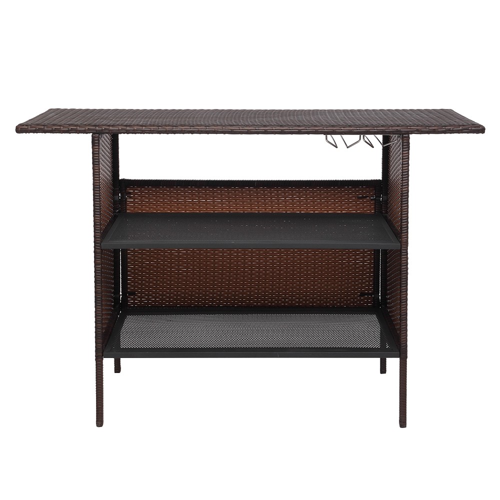 In/Outdoor Rattan Wicker Bar Counter Table Shelves Patio Furniture 2Cup Holders