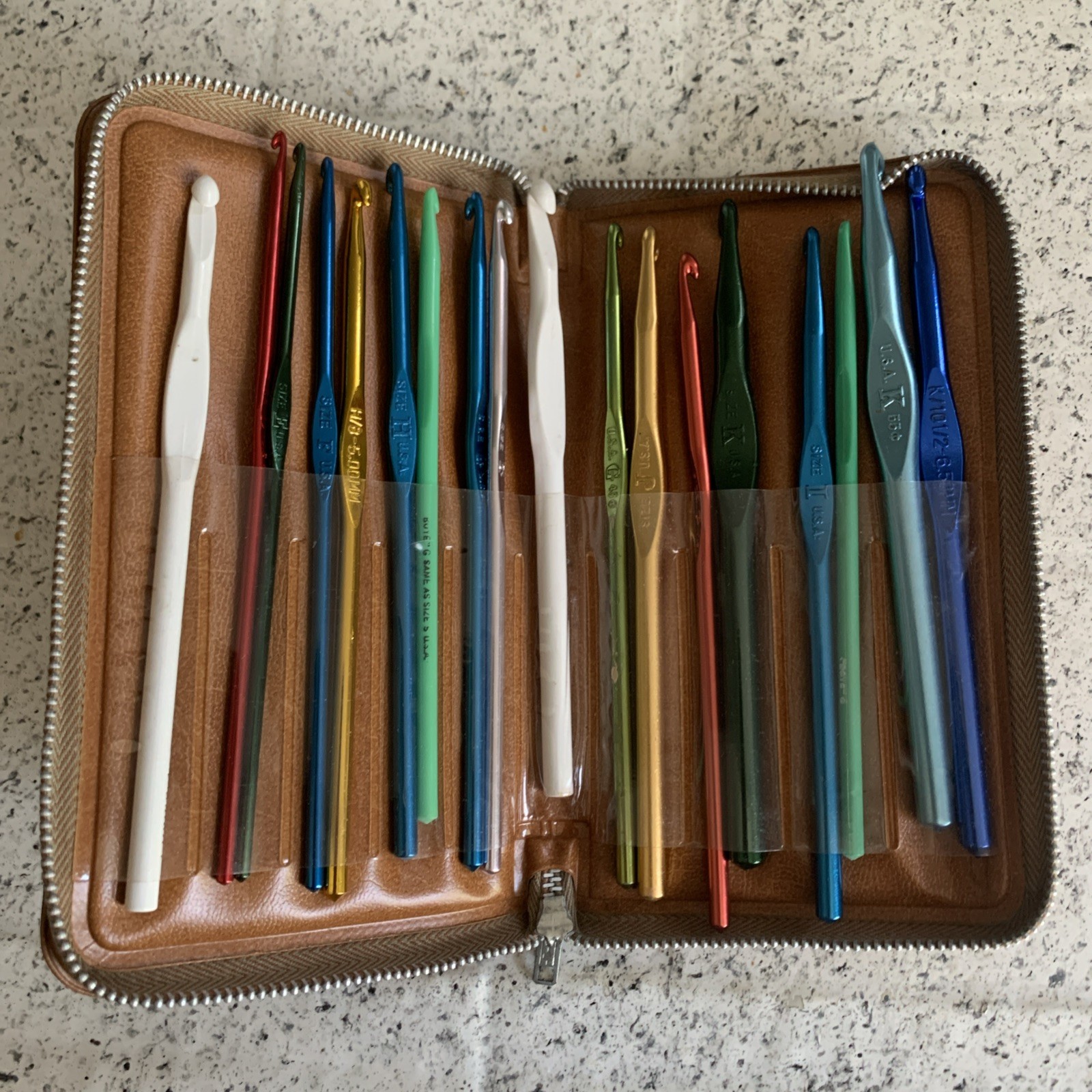 Vintage Crochet Hook Set with Leather Case - Assorted Sizes Aluminum