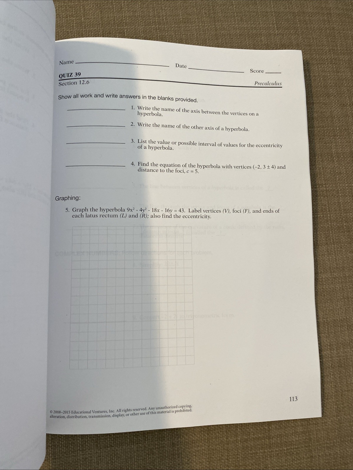 ABeka 12th grade Precalculus Student Quizzes/Tests No Writing