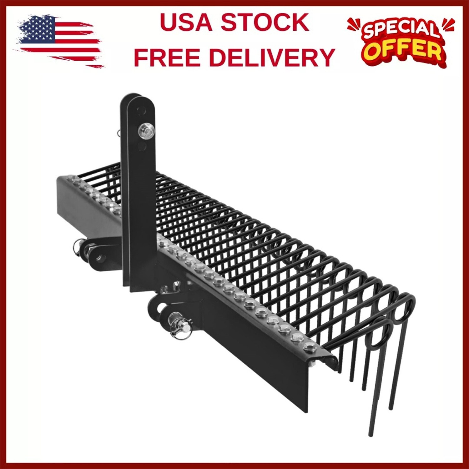 60 Inch Pine Straw Rake Landscape Rake with 3 Point Hitch Fit to Cat0 Cat 1