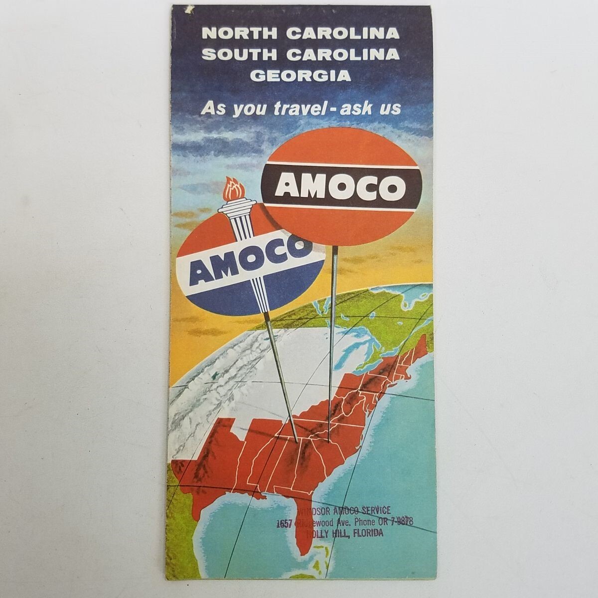 Vtg 1950s N Carolina South Carolina Georgia Road Map Windsor Amoco Holly Hills
