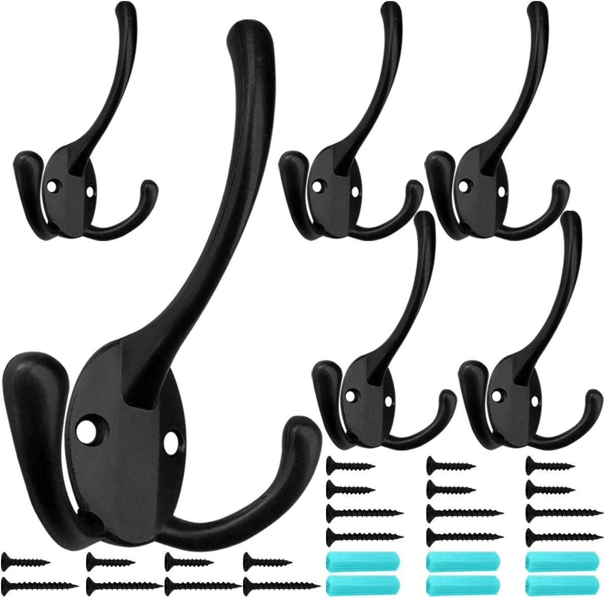 6 Pack Big Heavy Duty Three Prongs Coat Hooks Wall Mounted W/ 24 Screws Two