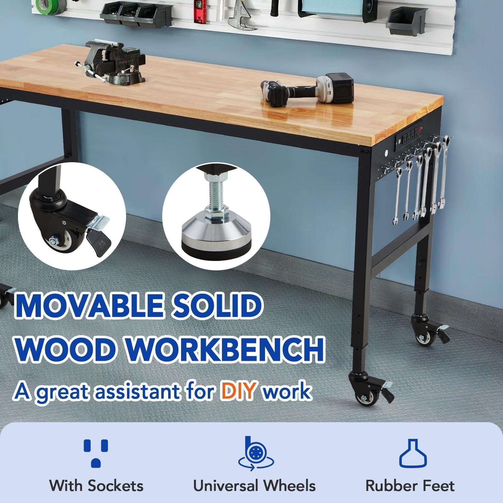 72" Adjustable Workbench 2000LBS Load Heavy Duty Garage Worktable w/Power Outlet