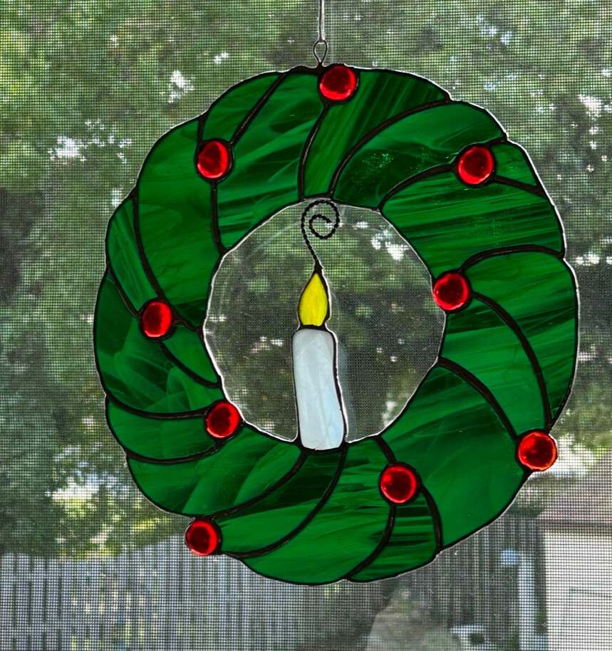 Vintage Large Stained Glass Christmas Wreath Candle Green Sun Catcher 10"
