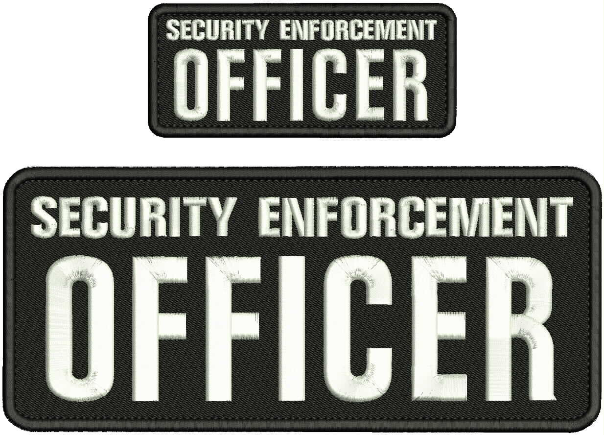 SECURITY E OFFICER 2 EMB PATCHES 4X10 & 2X5 VELCR@ ON BACK WHITE ON BLACK