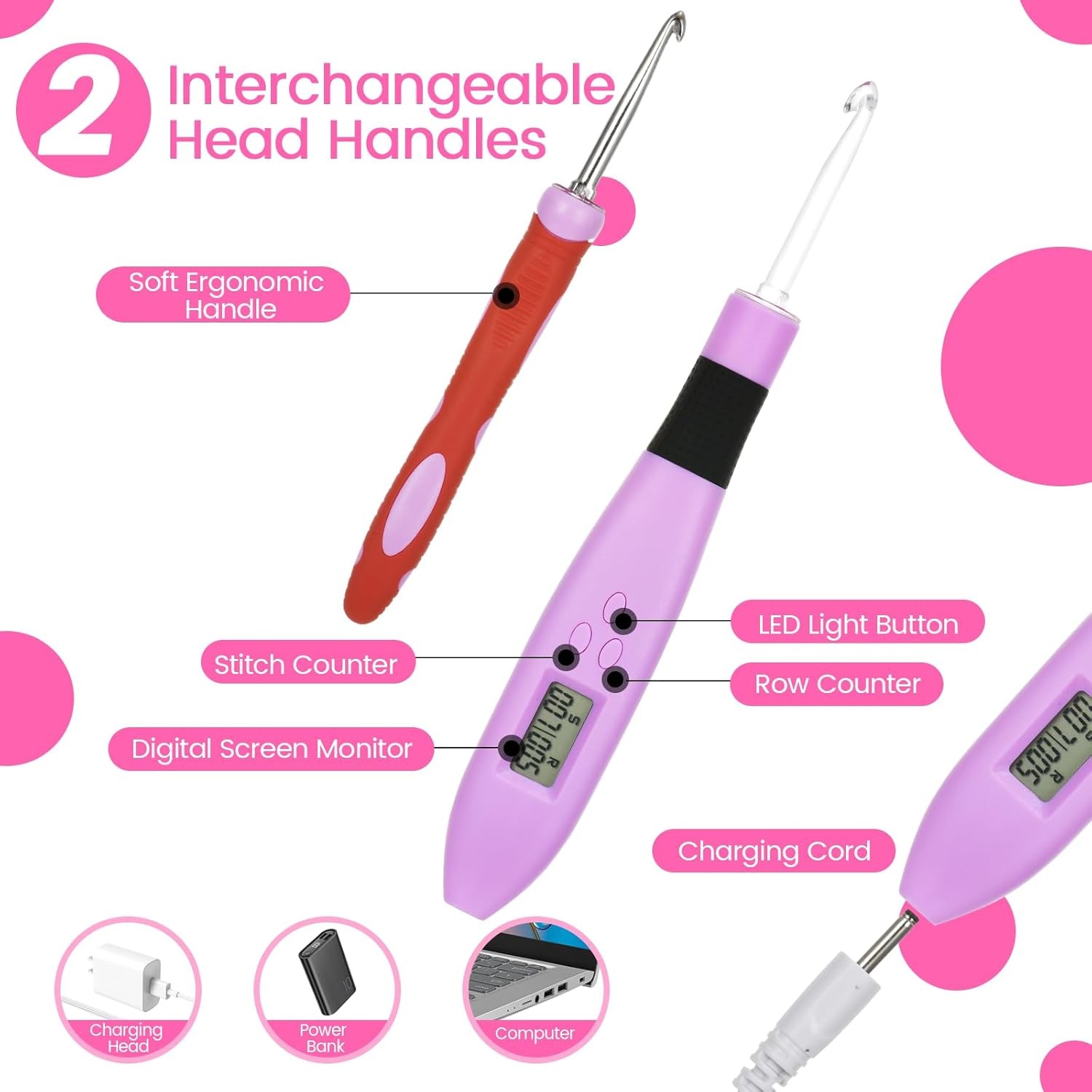 24 Size Counting Crochet Hooks with Light, Digital Counter Crochet Hooks Set