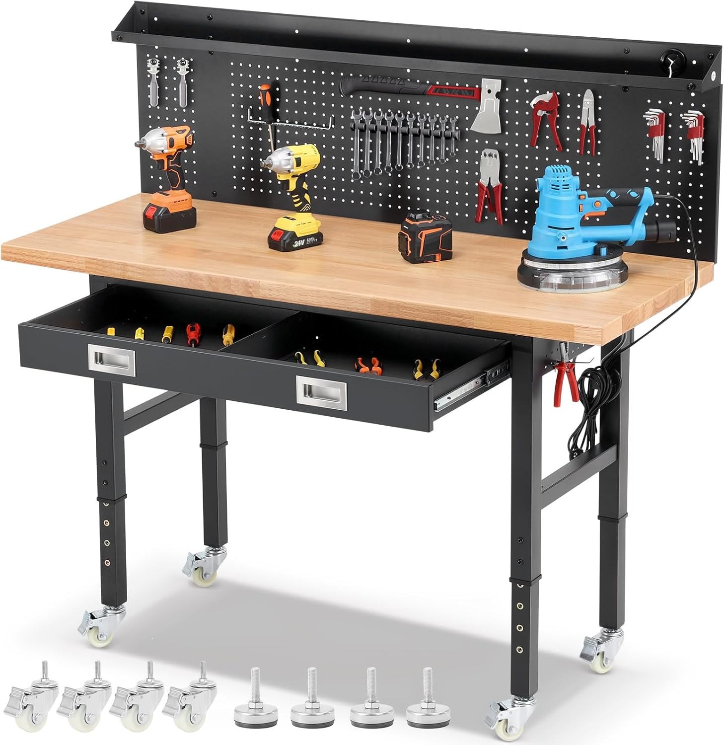 ENJOYWOOD 60" X 22'' Garage Workbench with Wheels Adjustable Height Rubberwood W
