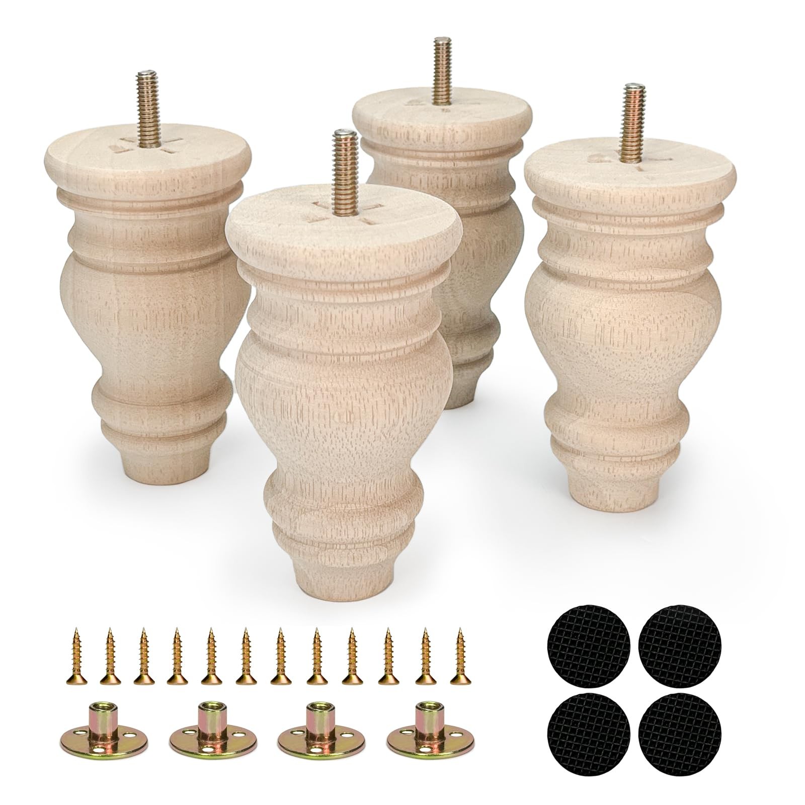 5 Inch Wood Furniture Legs Set of 4 Round Bun Feet 5inch, Unfinished