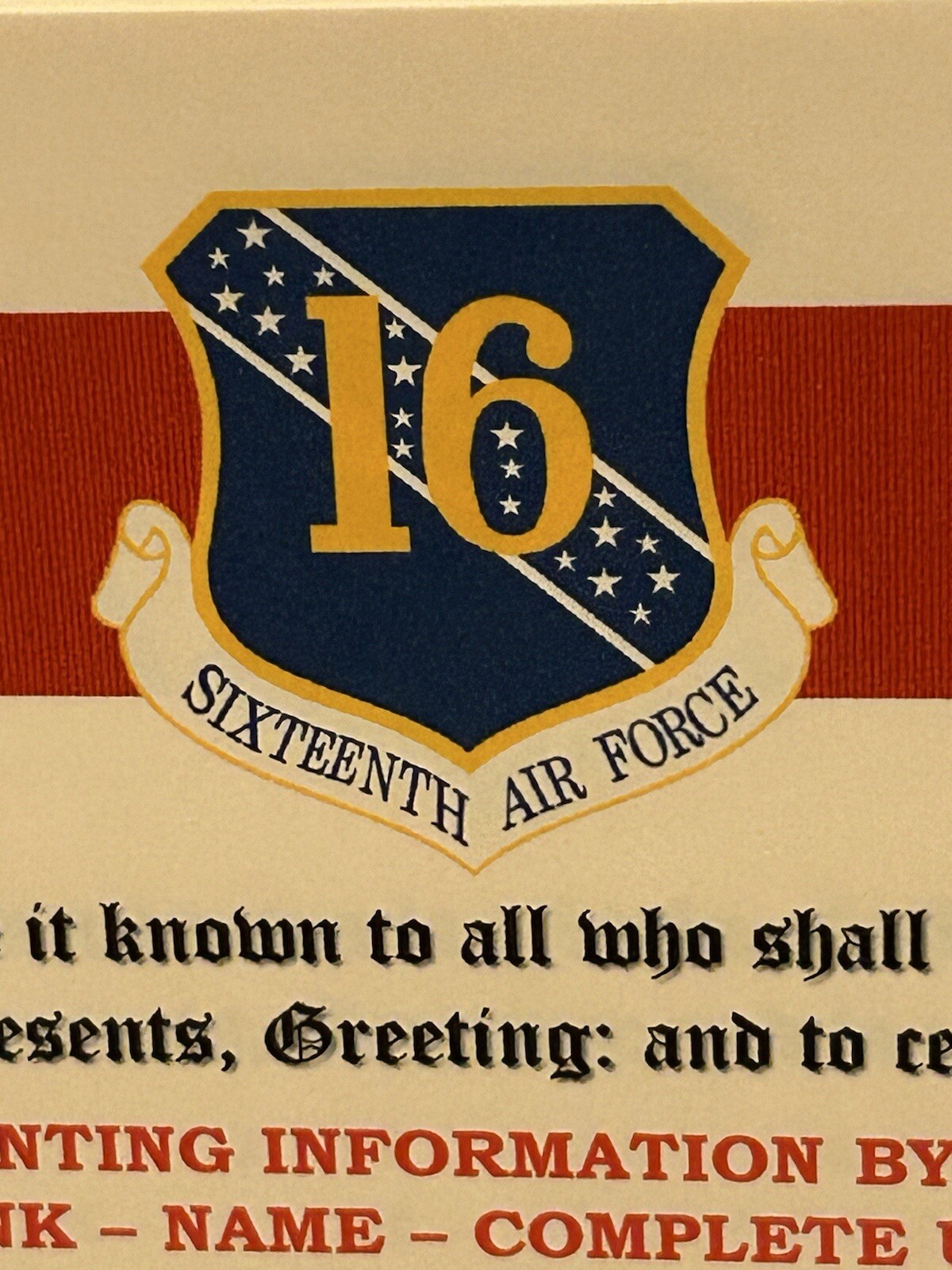 U.S. AIR FORCE / 16TH AIR FORCE - MERITORIOUS UNIT COMMENDATION CERTIFICATE