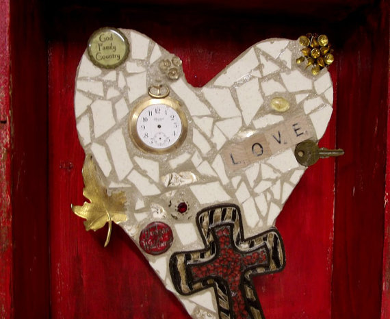 Red and Tan Heart assemblage with cross - mosaic sculpture