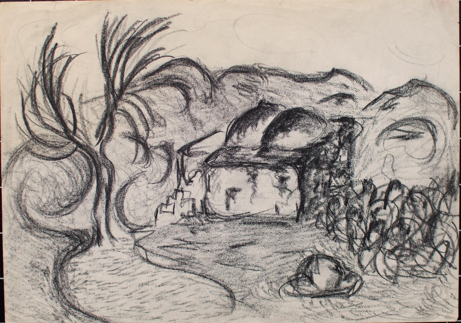 Mountain landscape abstract unsigned unknown unique charcoal drawing 20th century