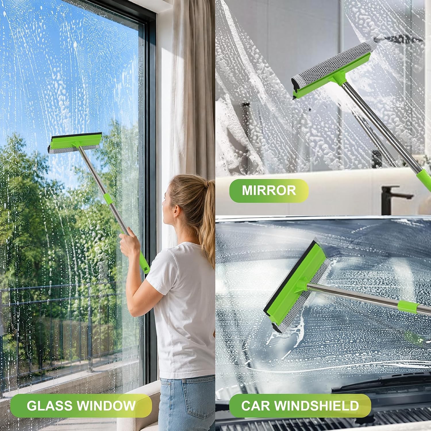 2 in 1 Window Squeegee with 55" Long Stainless Steel Handle,Sponge Car Squeegee