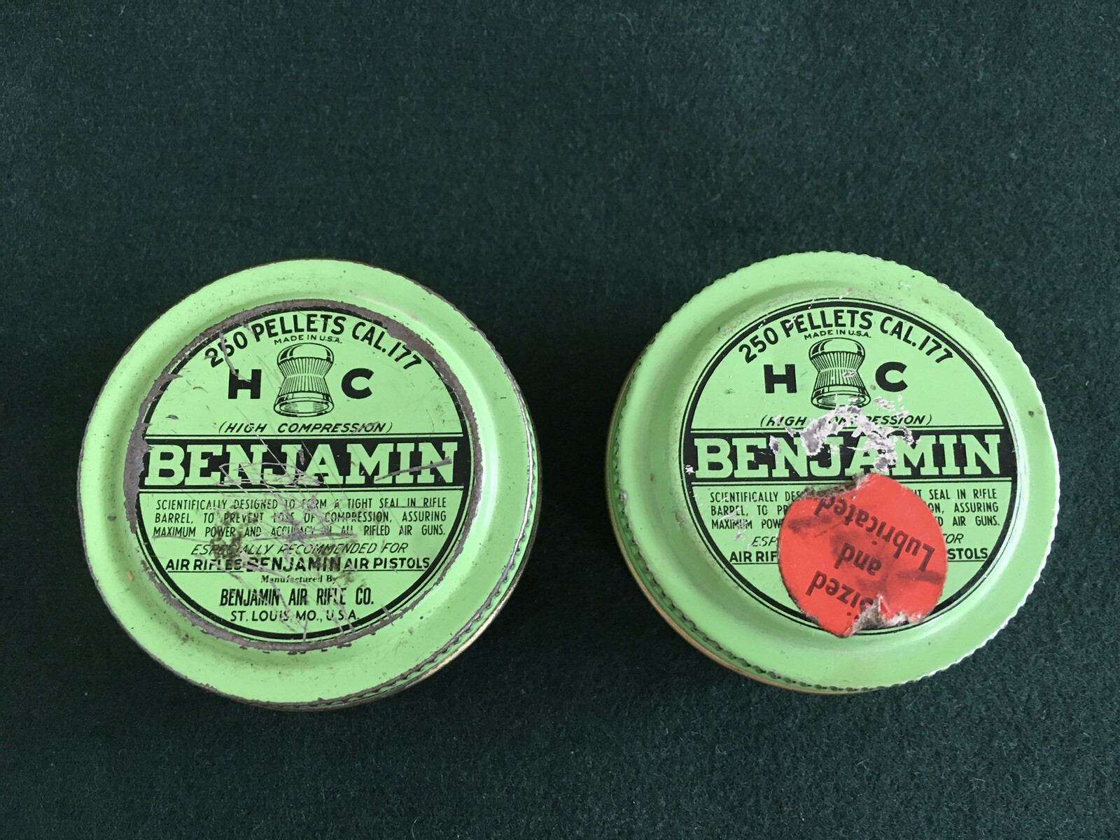 (2) Vintage HC Benjamin Pellet EMPTY Tins Cal 177 Each Tin Holds 250 Pellets