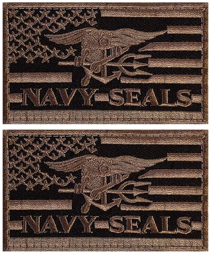 US Navy Seal Trident USA Flag Tactical Patch - 2PC  HOOK BACKING   3.5"x2"