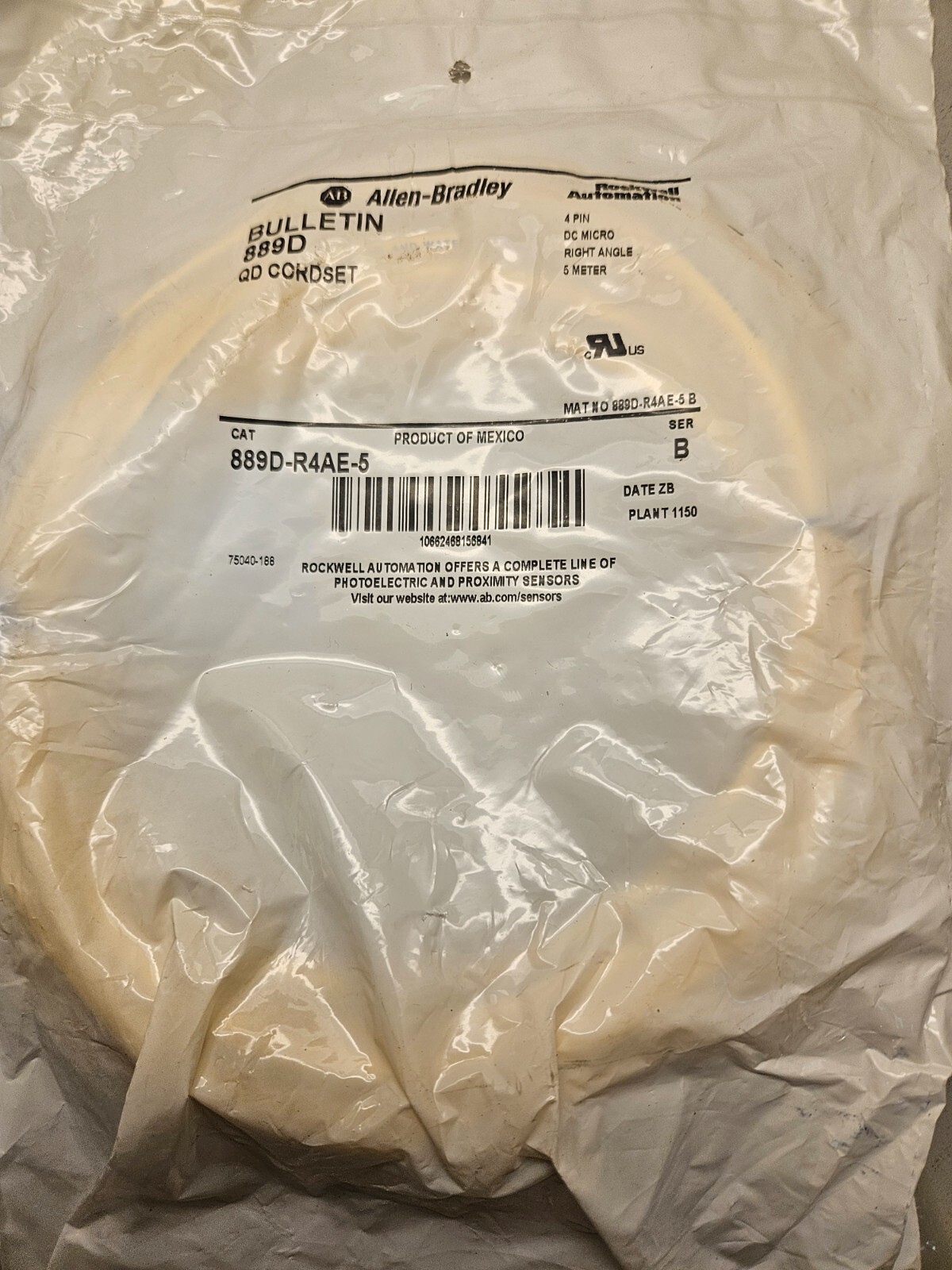 ALLEN BRADLEY 889D-R4AE-5 QD CORDSET 4 PIN DC MICRO RIGHT ANGLE SERIES B NIB