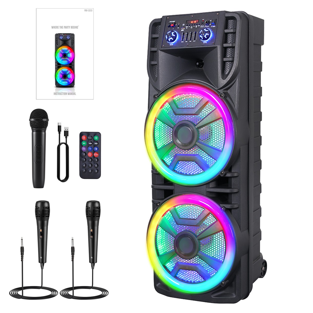 Dual 12" Subwoofers Portable Bluetooth PA Speaker Bass LED DJ Party FM Radio