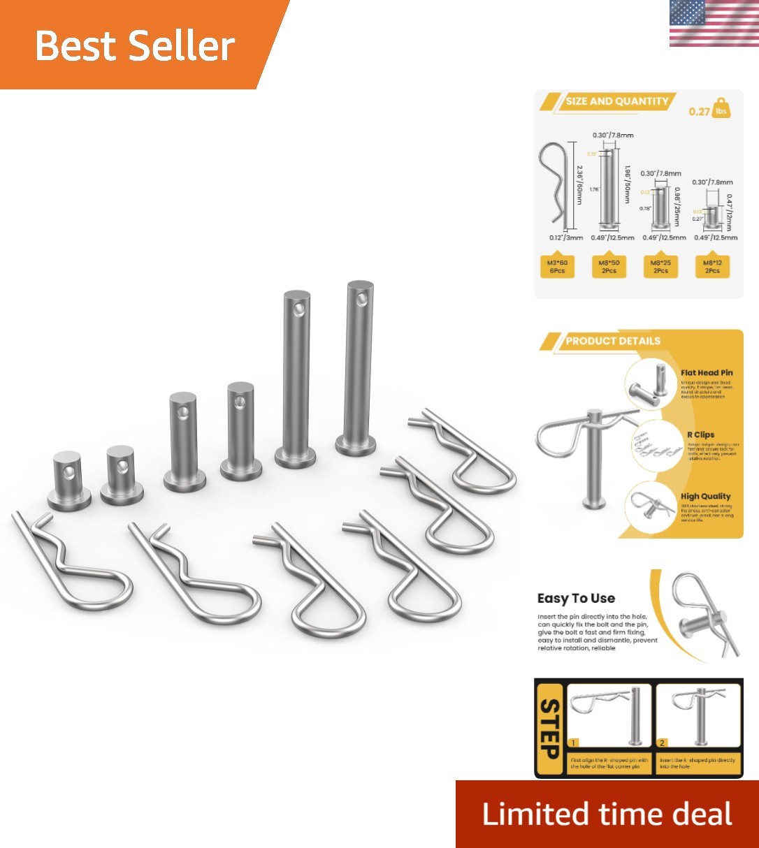 Comprehensive 12-Pcs R Clips & Clevis Pin Assortment - Rust-Resistant Steel