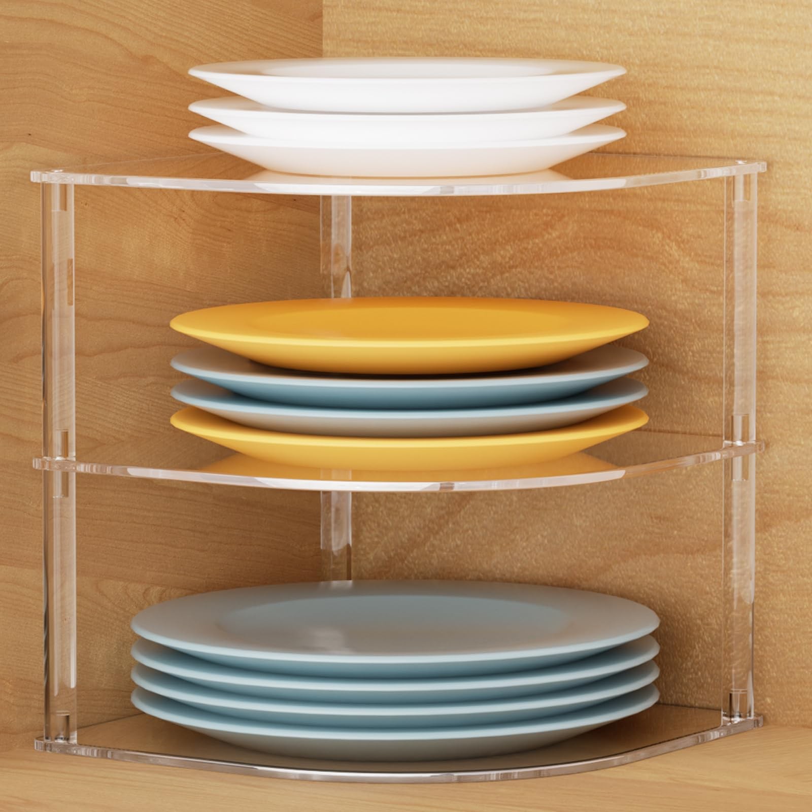 Acrylic Plate Organizer for Cabinet Kitchen Countertop Corner Clear Cabinet O...