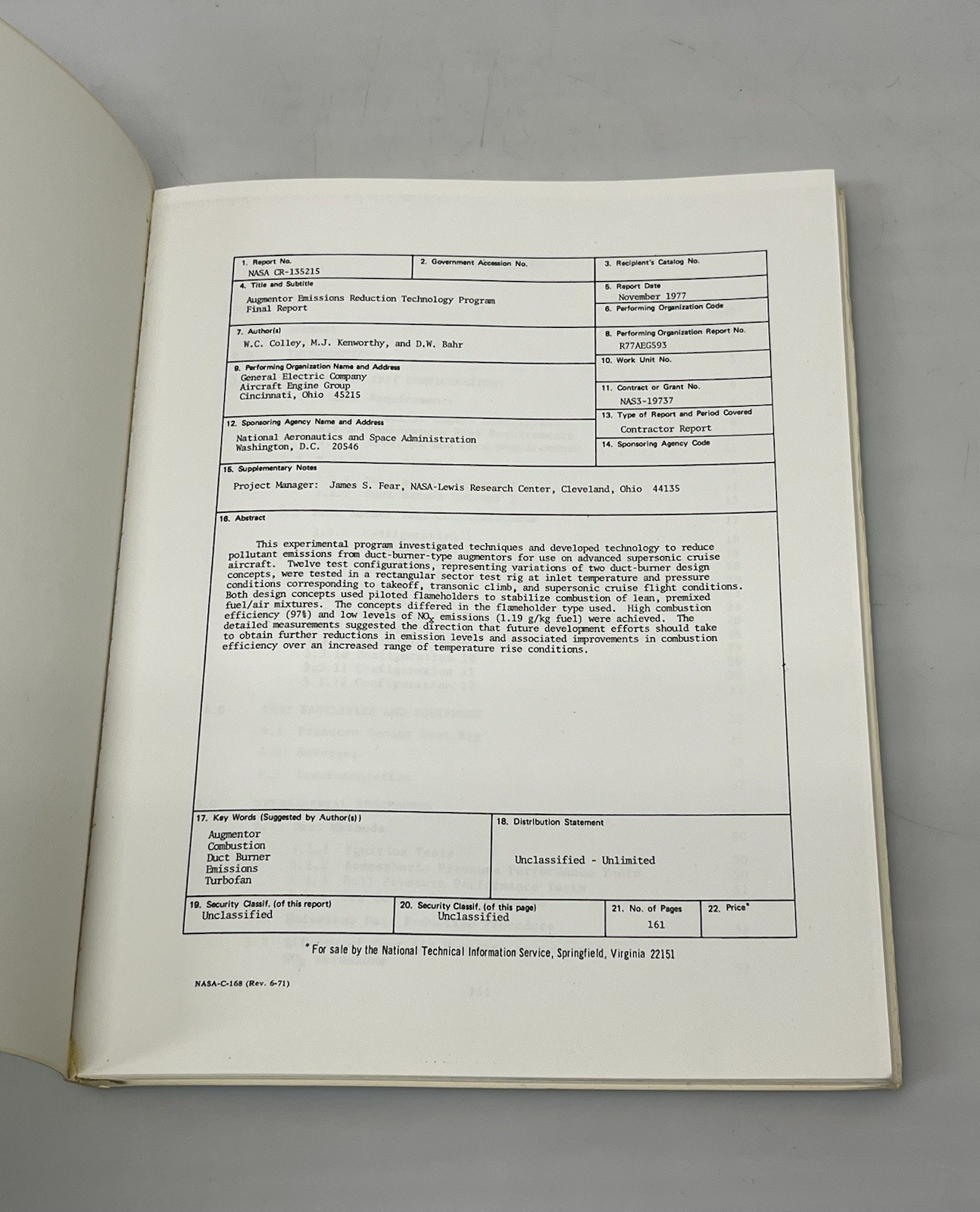 NASA CR-135215 Augmentor Emissions Reduction Technology Program November 1977