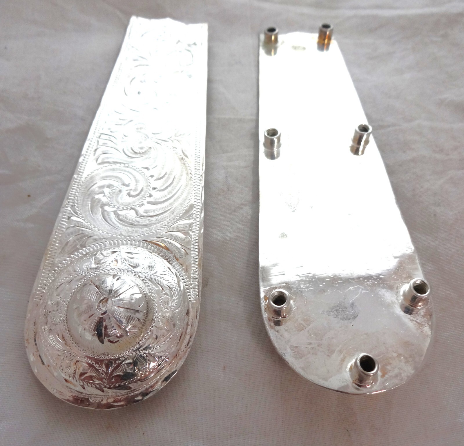 Pair UFO Dog Ear Bar Headstall Hansen Western Gear Screw Back Silver Plate Horse