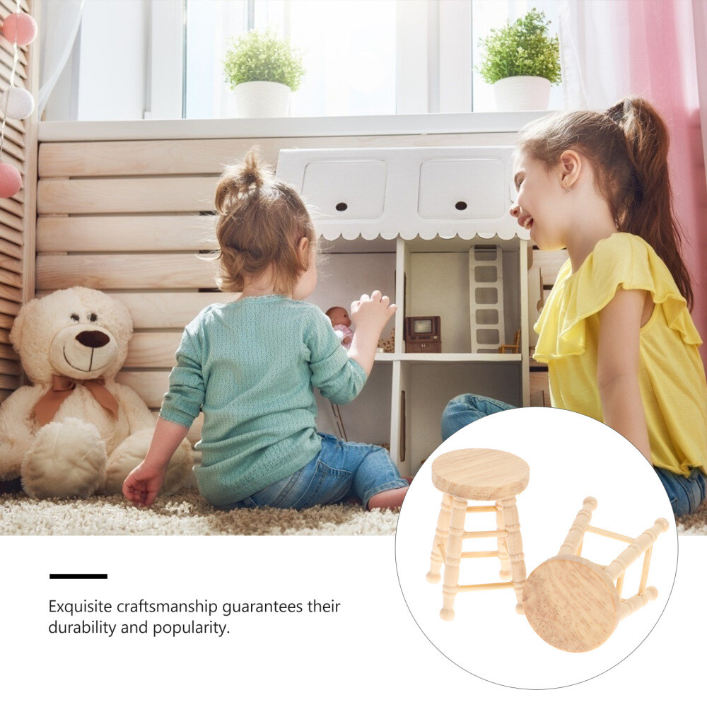 4PCS Wooden Stools Photo Props Kids Playthings Dollhouse Supplies (Khaki)