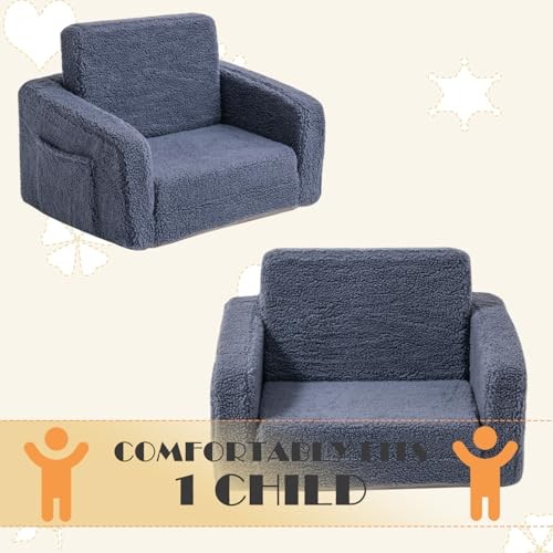 Toddler Baby Chair Couch Sofa Kids Foldable 2-in-1 Sherpa Fold Out Couch Grey