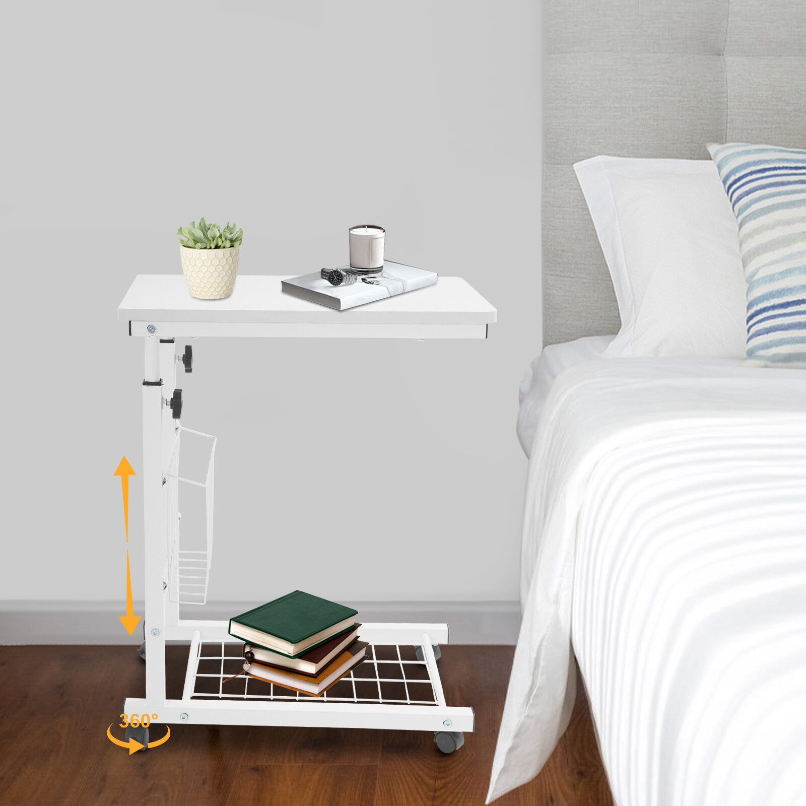 Adjustable Bed Side Table, Side Table with Wheels, Mobile Standalone Table