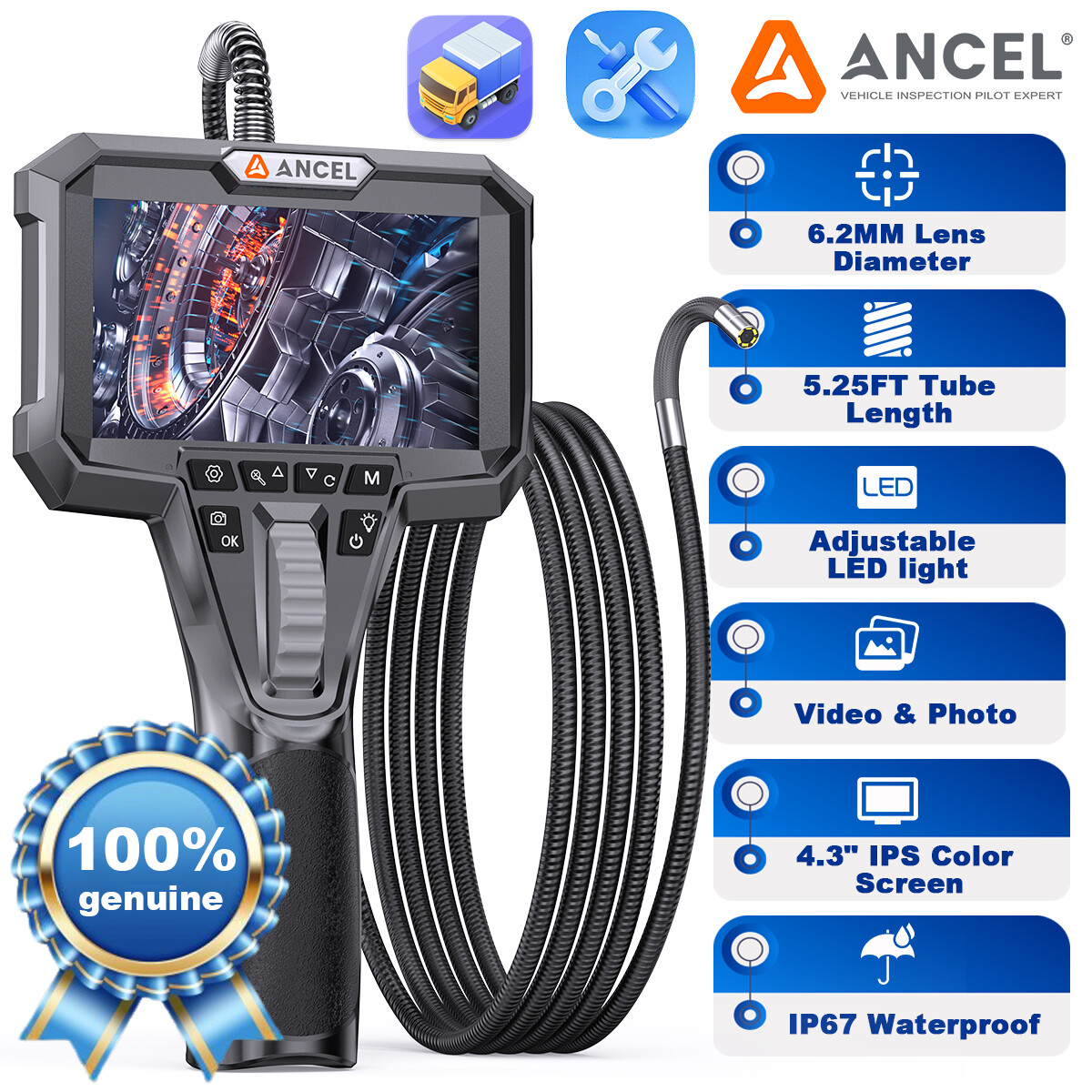 ANCEL AN301 6.2mm Articulating Borescope 2-Way 210° Industrial Endoscope Camera