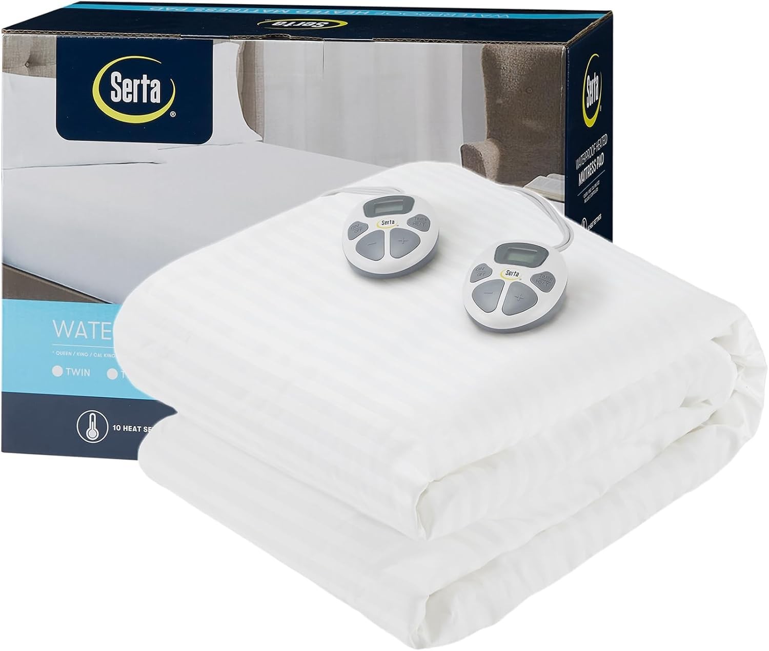 Serta Waterproof Heated Mattress Pad - Electric Bed Warmer with Queen, White