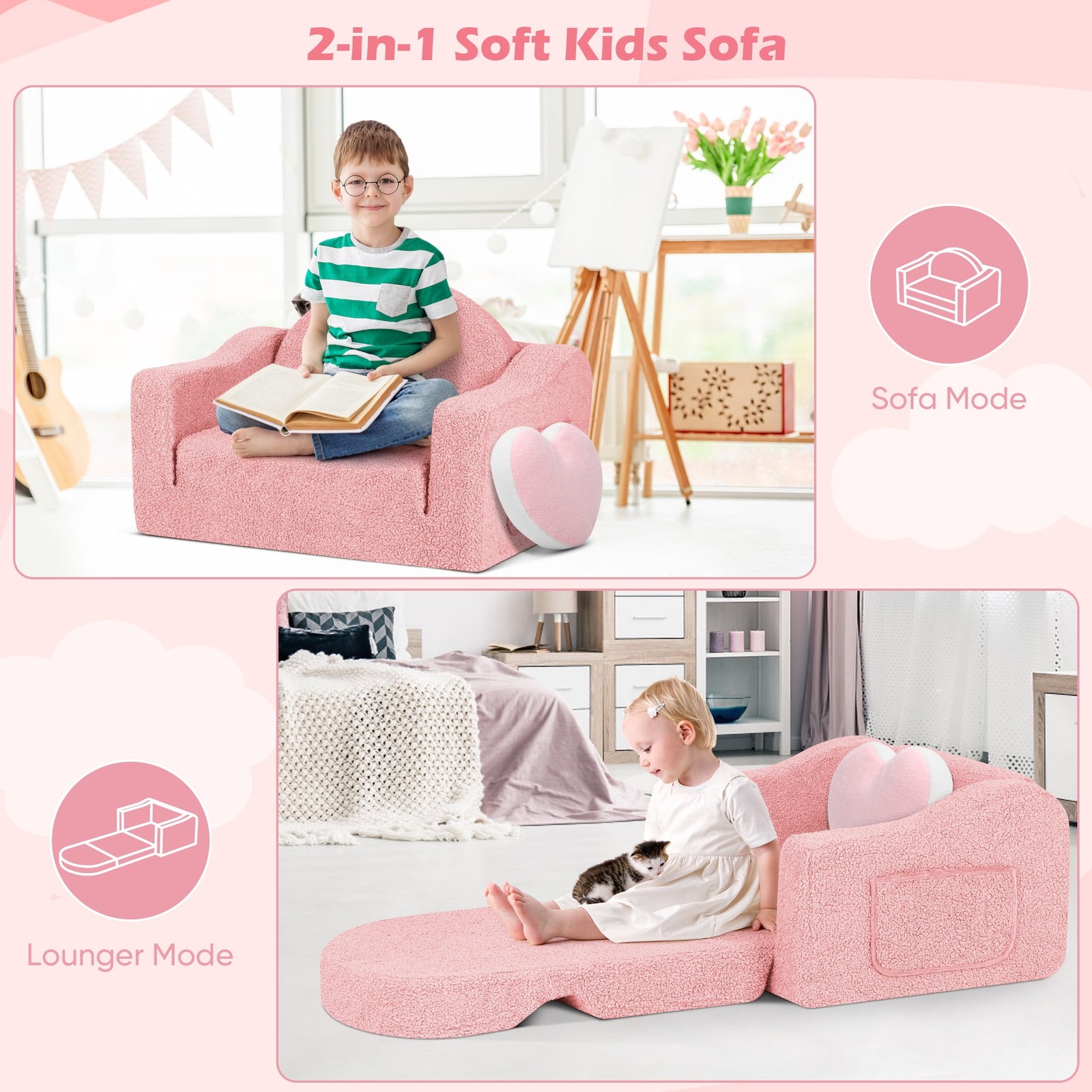 Kids 2-in-1 Toddler Couch Fold-Out Soft Convertible Chair Pink for Boys & Girls