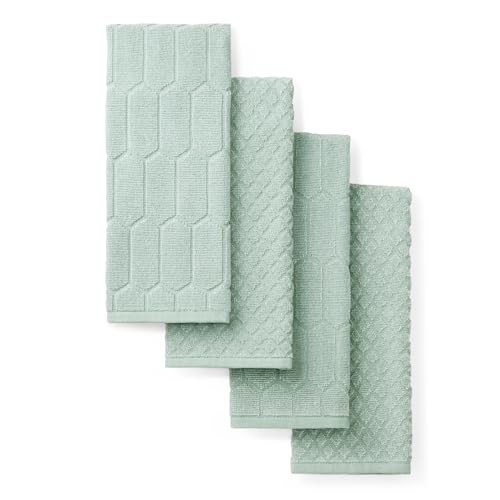 Honeycomb Chambray Textured Kitchen Towel 4-Pack Set, 100% Cotton Mint Green