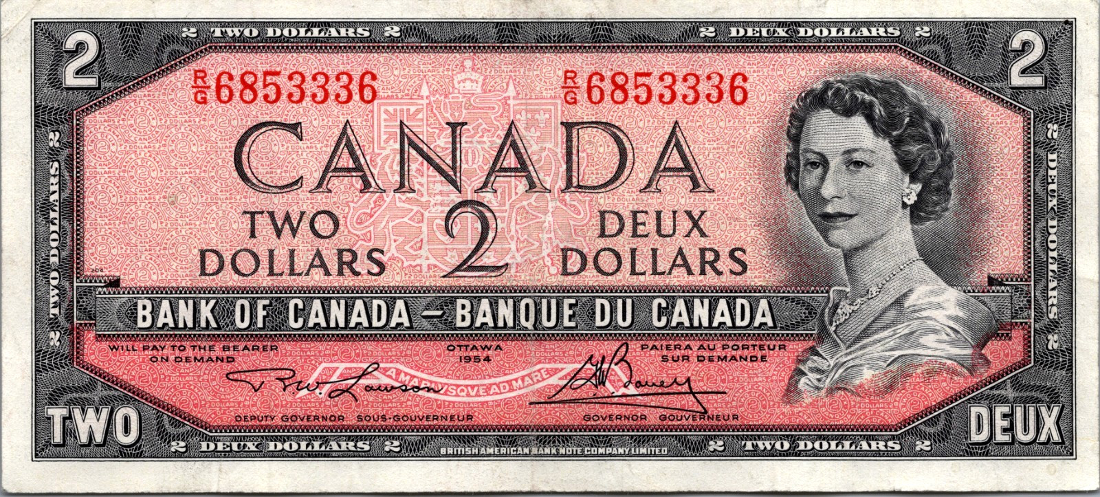Canada 2 Dollars 1954 "Fancy Serial" BC-38b CVF