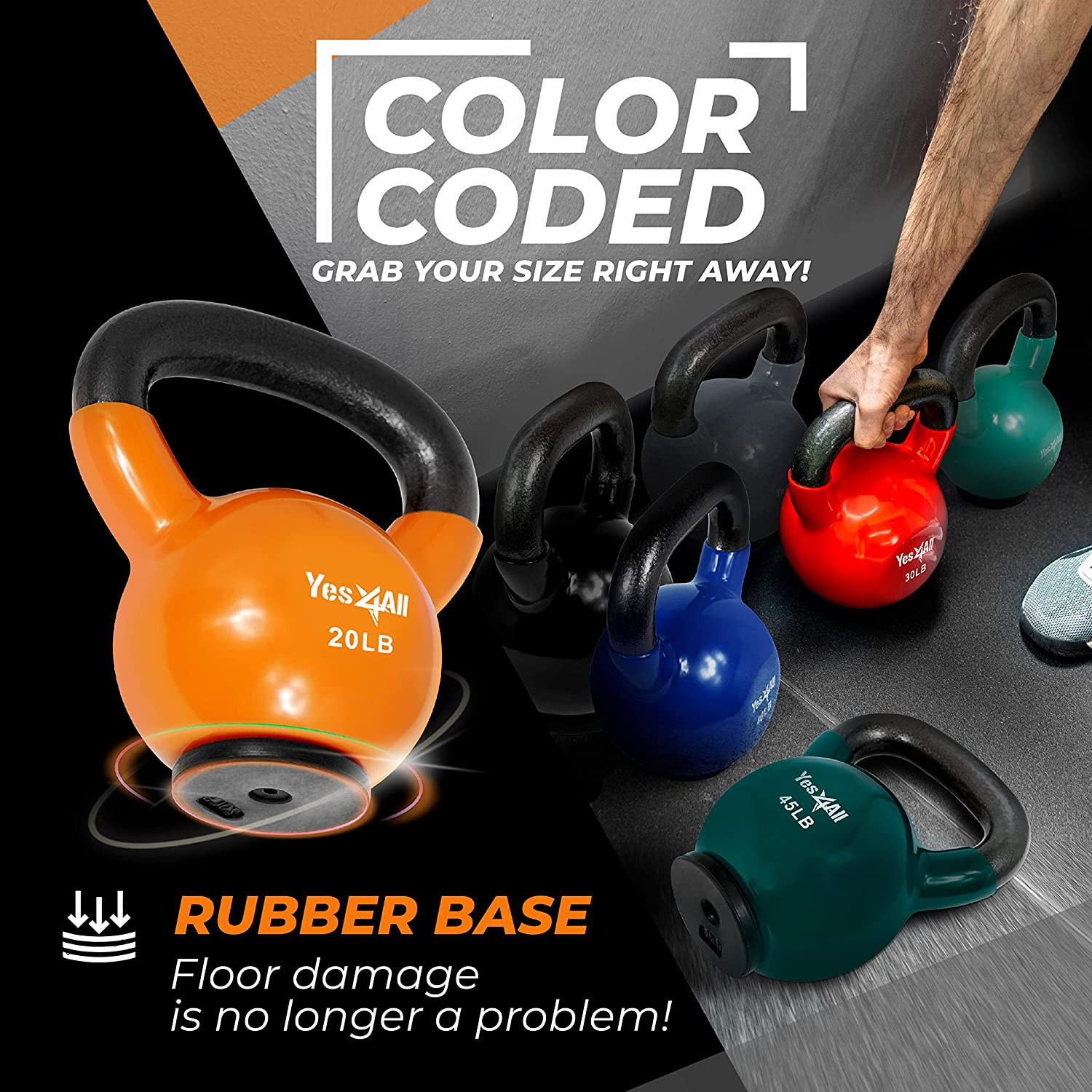 Vinyl Coated Kettlebell Weights with Rubber Base for Home Gym Training