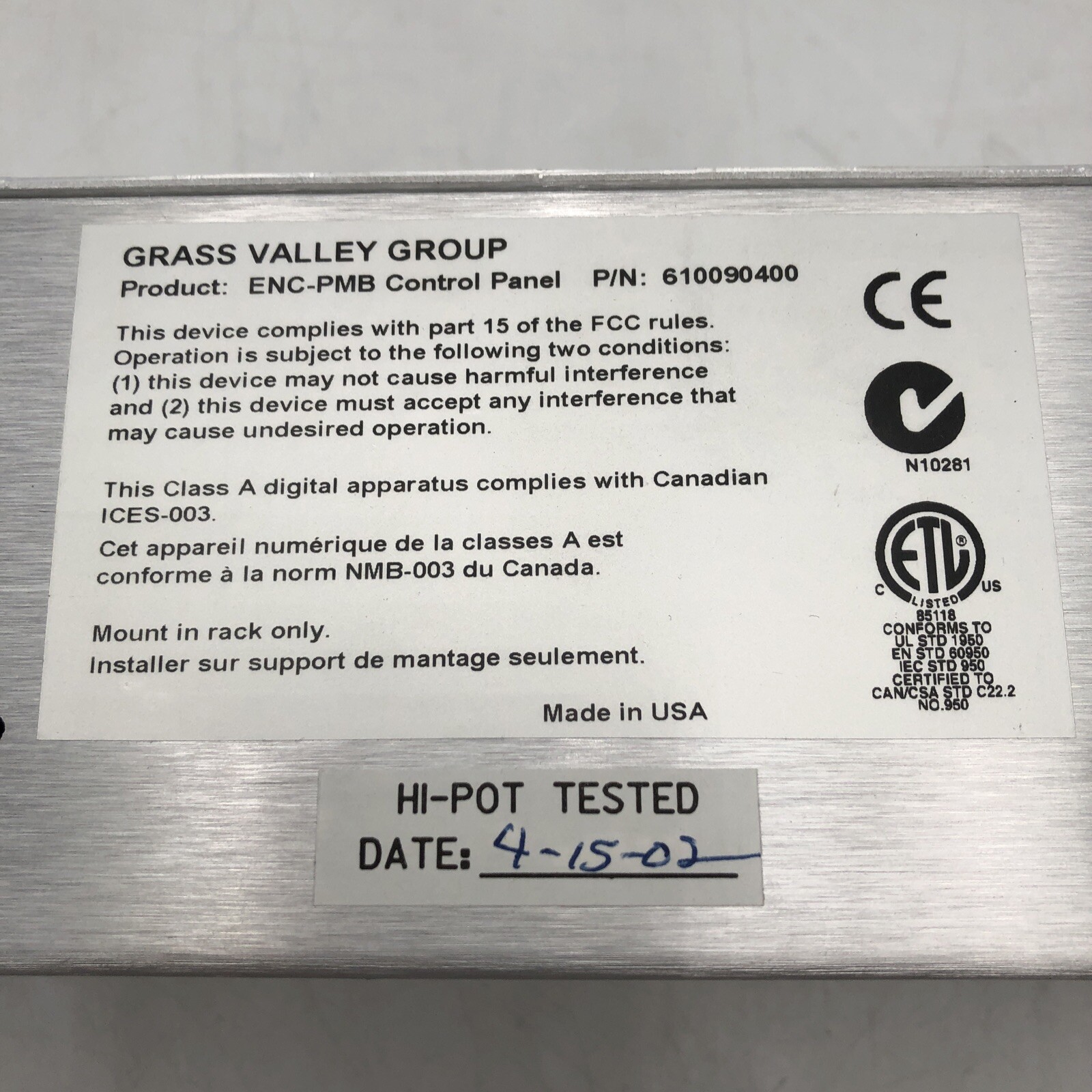 USED Grass Valley Encore/Prelude PMB Control Panel POWER TESTED READ E