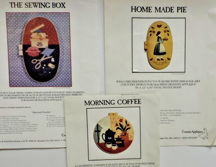 3 Country Appliques Hoop Patterns: 18" Coffee/20" Sewing/20" Pie Uncut
