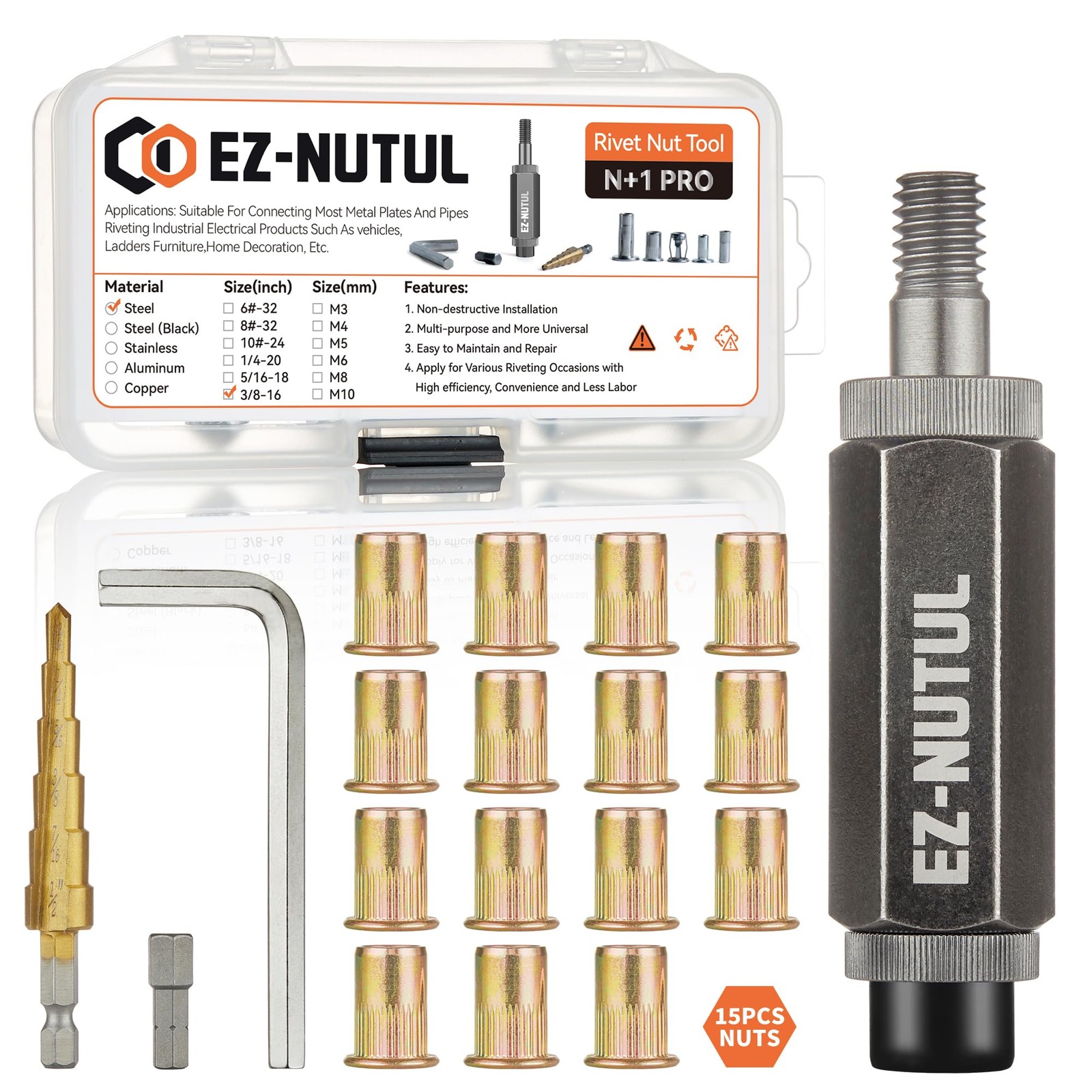3/8-16 Rivet Nut Installation Tool Set Flat Head Rivnut 15pcs Nutsert Kit