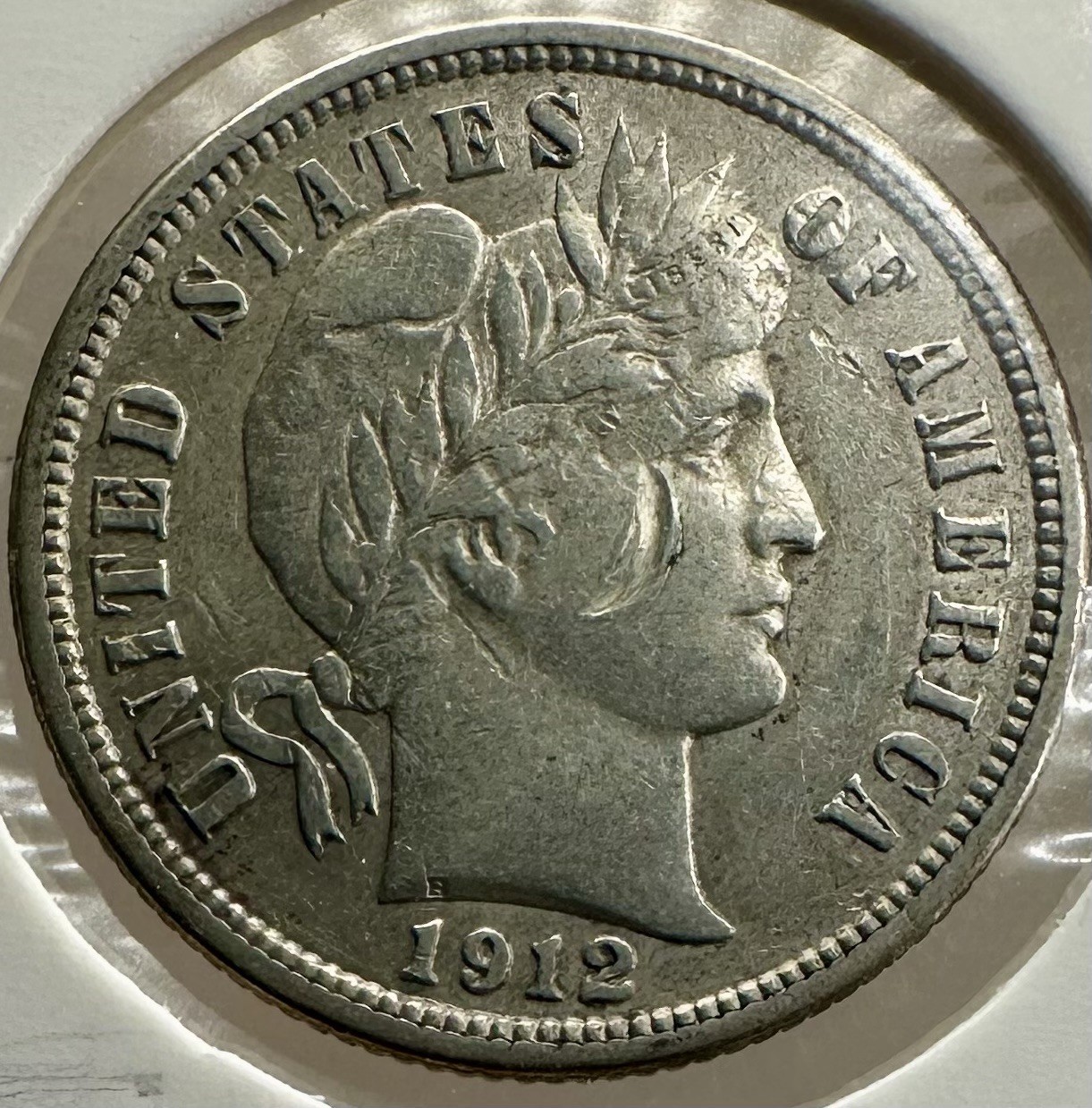 1912 Barber Dime – AU 90% Silver – Odd Mintmark Dent – Unique Coin!
