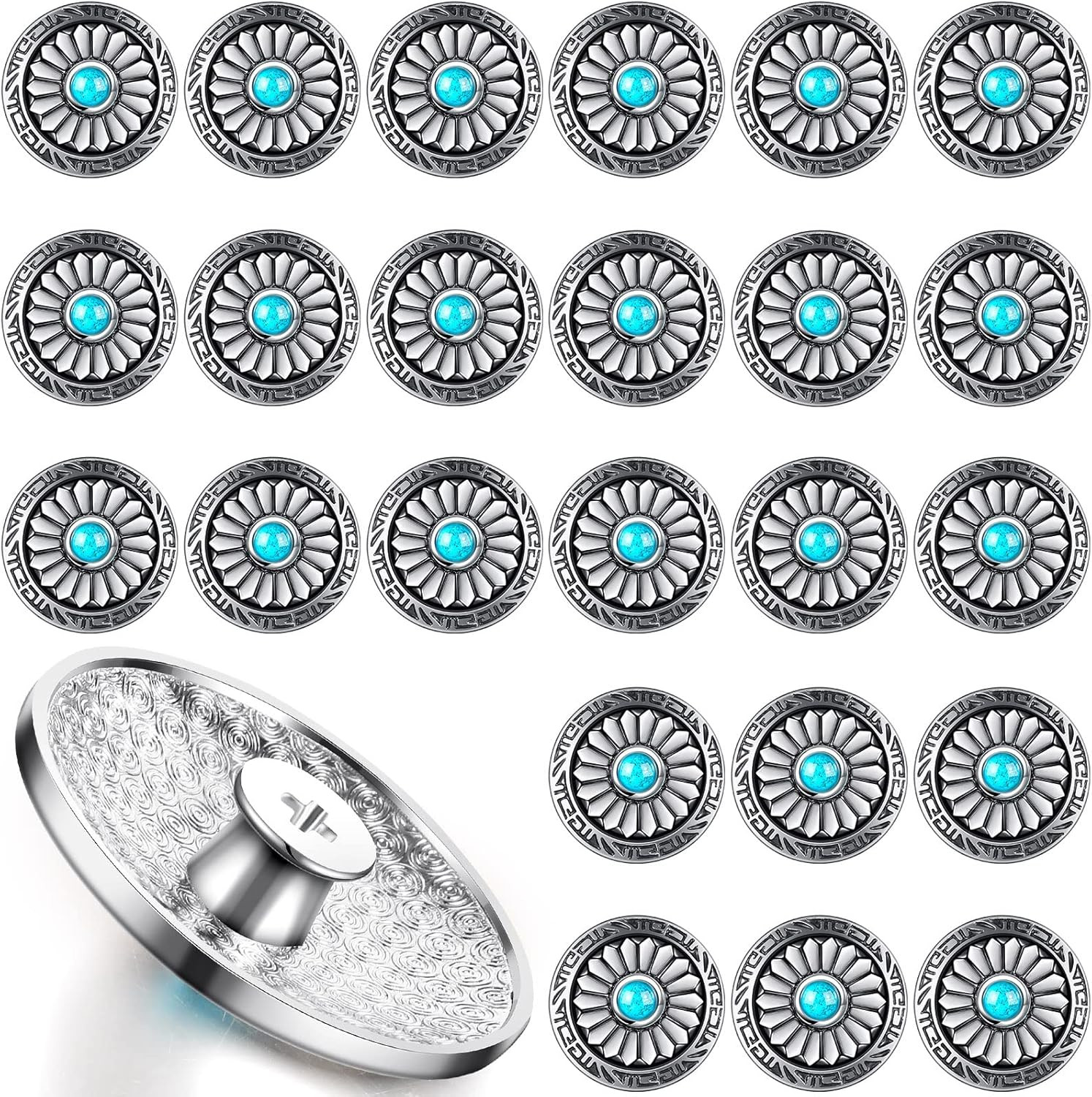 24 Pcs Silver Blue Faux Turquoise round Conchos Sunflower Decorative for Leather