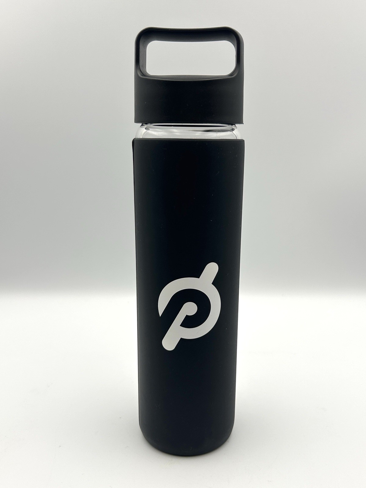 Black PELOTON Glass Water Bottle w/ Silicone Non-Slip Grip 16 oz