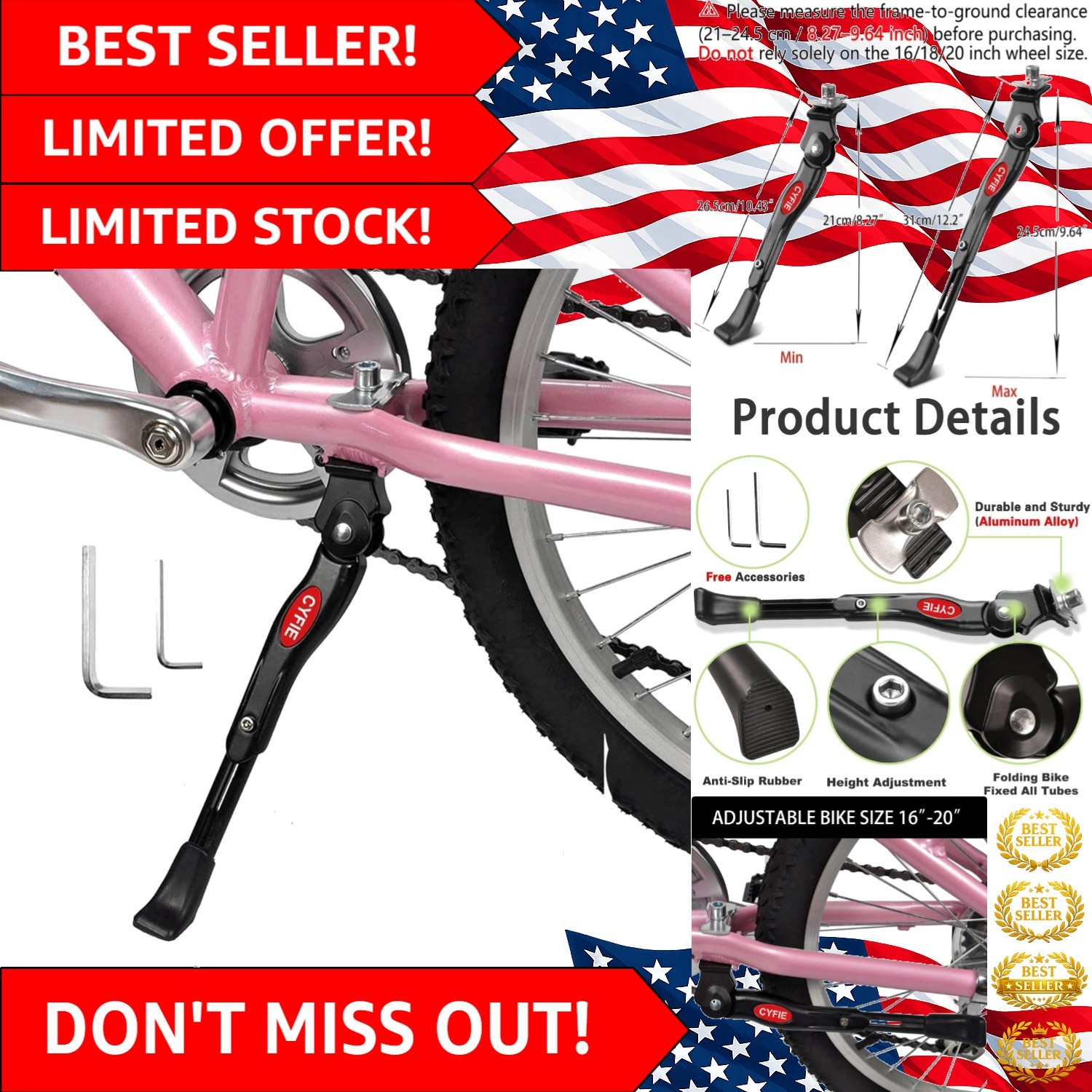 Adjustable Aluminum Kickstand for 16-20 Inch Kids & Adult Bikes - Stable Design