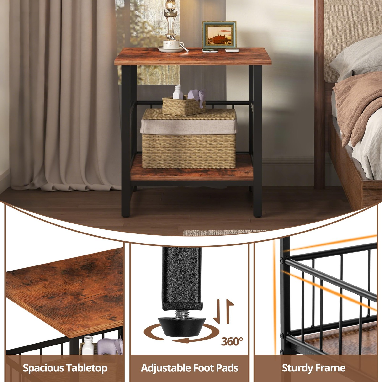 Industrial Night Stand, 18” Square Side Table with Open Storage Shelf, Bedsid...