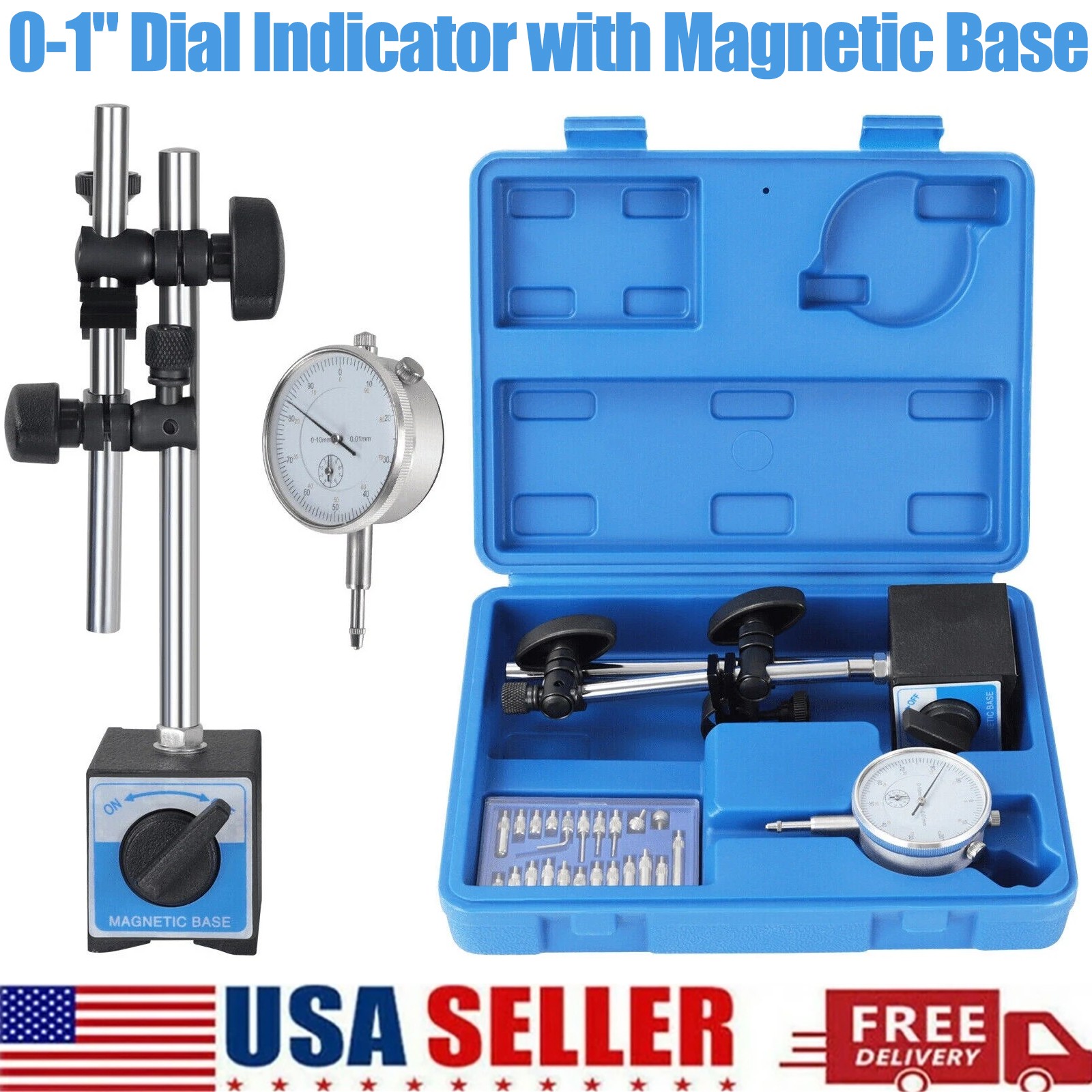 Dial Indicator with Magnetic Base 0.01"Precision Gauge Test Indicator Point Set