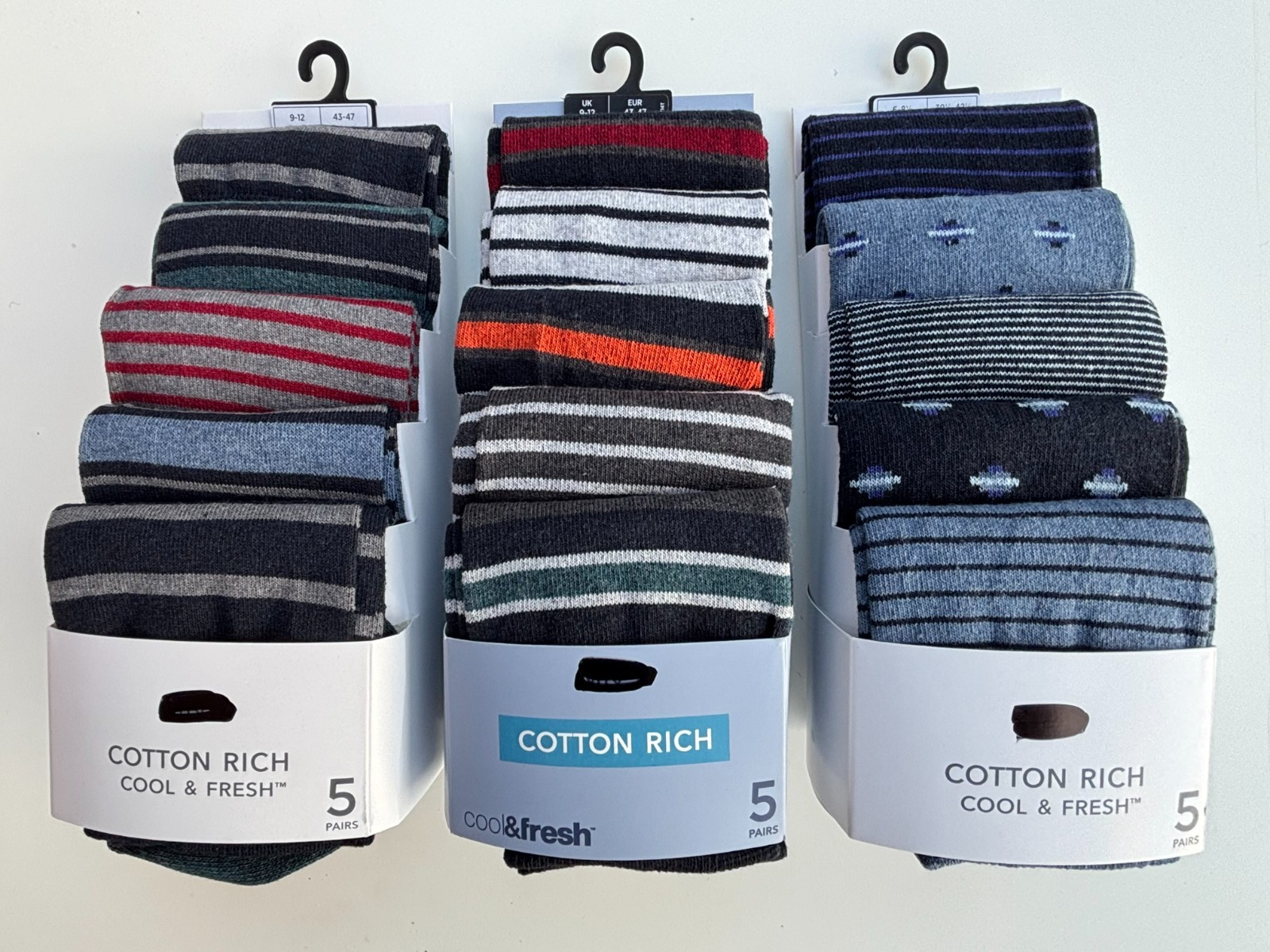 M & S MARKS AND SPENCER Men's Cotton Rich Socks 5 PAIRS Navy/Blue Stripe Grey