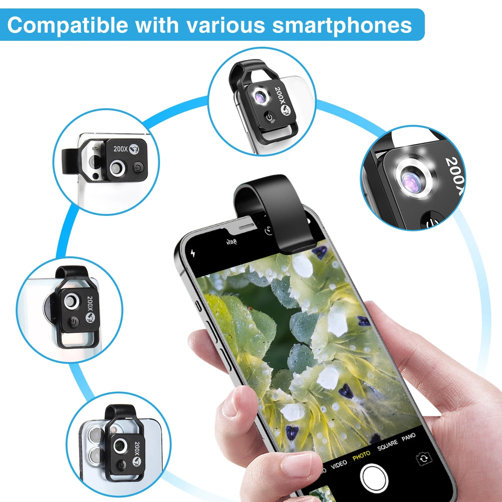 Zoom 200X Microscope Lens for Phone iPhone Android with LED CPL Universal Clip