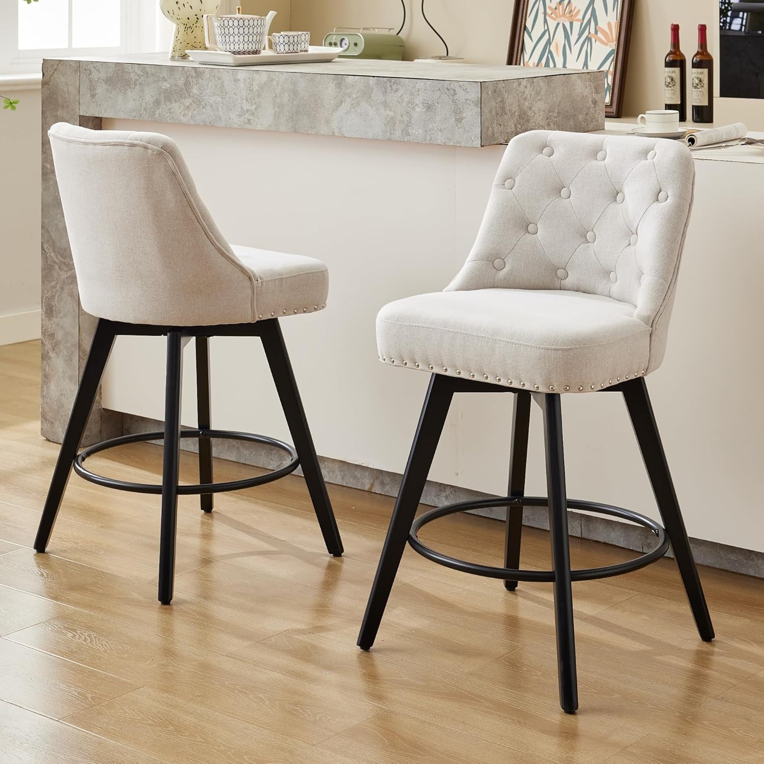 Counter Height Swivel Bar Stools (Set of 2) with Metal Legs & Upholstered Seat