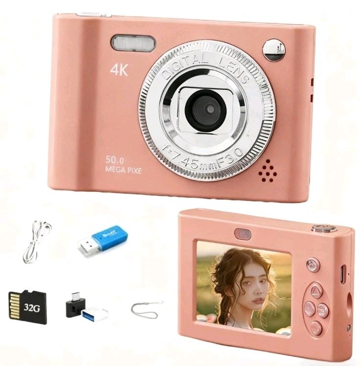 Digital Camera, FHD 1080P 50MP Kids Camera with 32GB Card, Portable (Pink)
