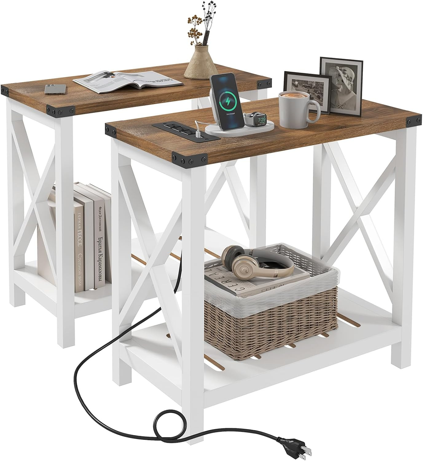 Farmhouse End Tables Living Room Set of 2, Narrow Side Table with Charging Stati