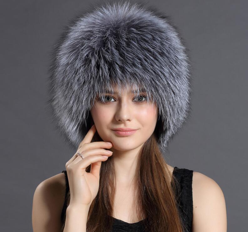 New Women Fashion Fur Cap 100% Genuine Silver Fox Fur Hat Winter  Best Xmas Gift